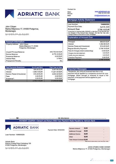 Download Montenegro Adriatic Bank mortgage statement Word and PDF template Photoshop template